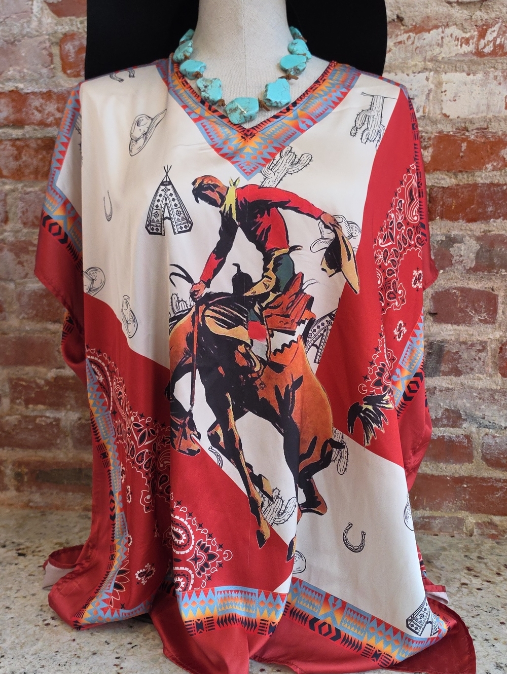 Silky Red Western Rodeo Print Women's Top 1636